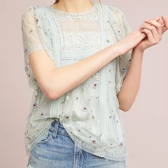 By Anthropologie Meadow Rue Rochelle Lace Daisy Embroidered Sheer Blouse Size 8P - Picture 1 of 17